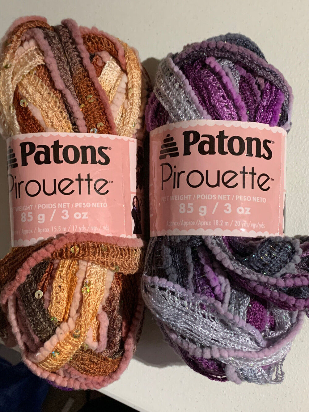 Patons Pirouette Ribbon Fancy Scarf Yarn New Lot Of 2 Skeins Purple & Brown